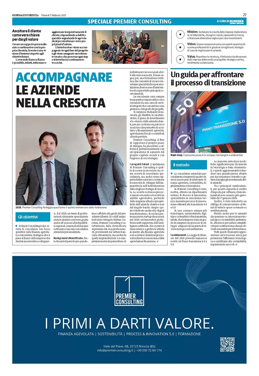 Articolo Giornale di Brescia ACCOMPAGNARE le aziende alla CRESCITA - Premier Consulting