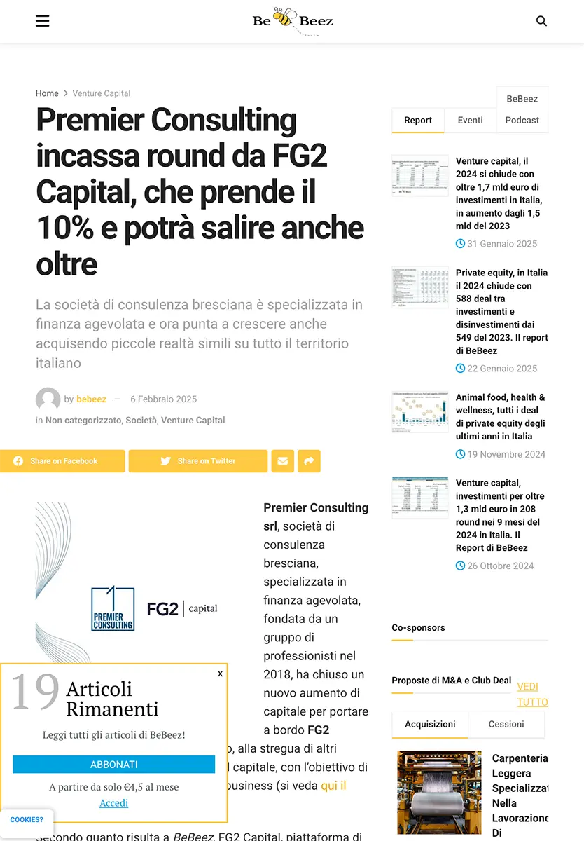 Articolo Incassa round da FG2 Capital - Premier Consulting