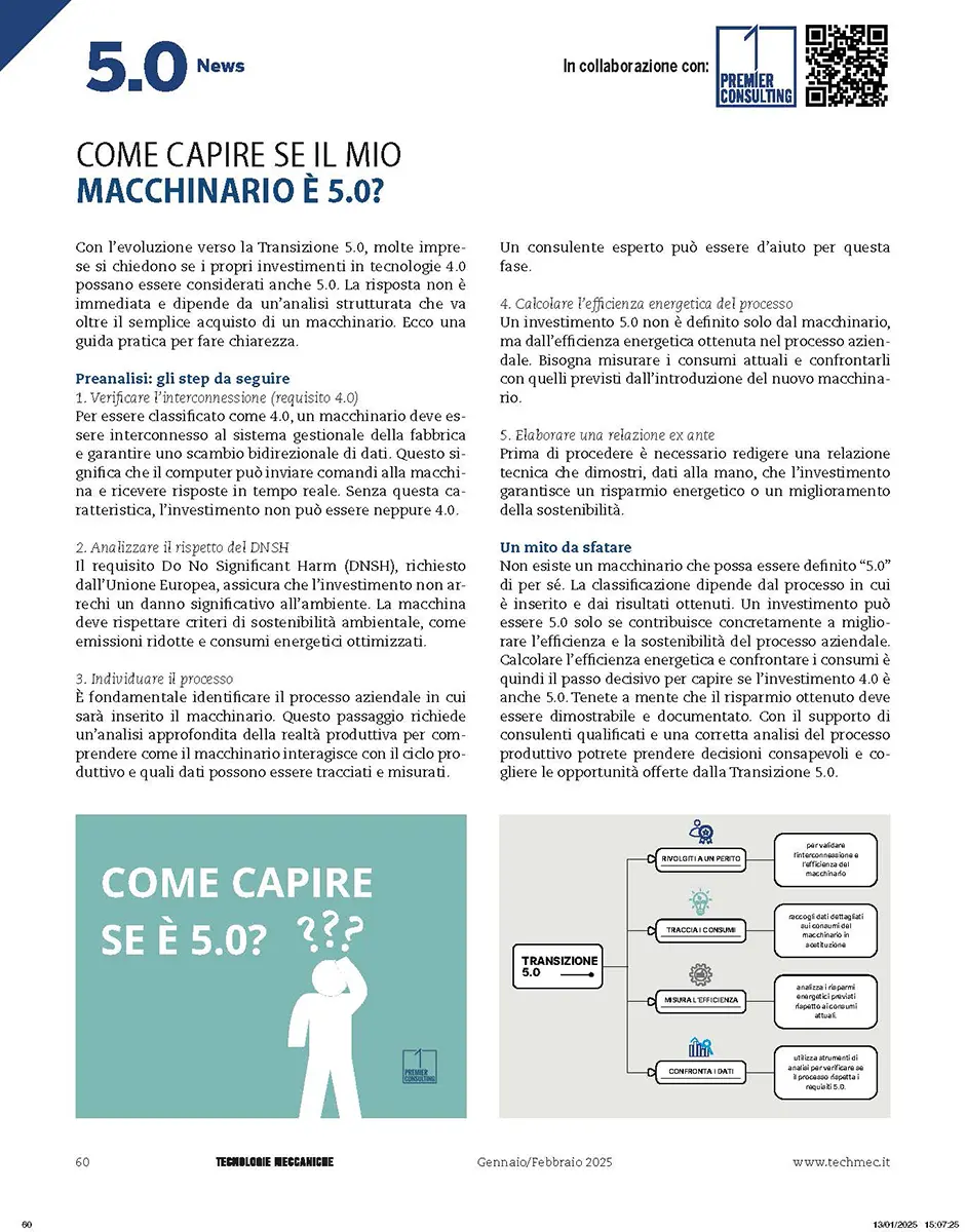 Articolo Tecnologie Meccaniche Gennaio 2025 News 5.0 - Premier Consulting